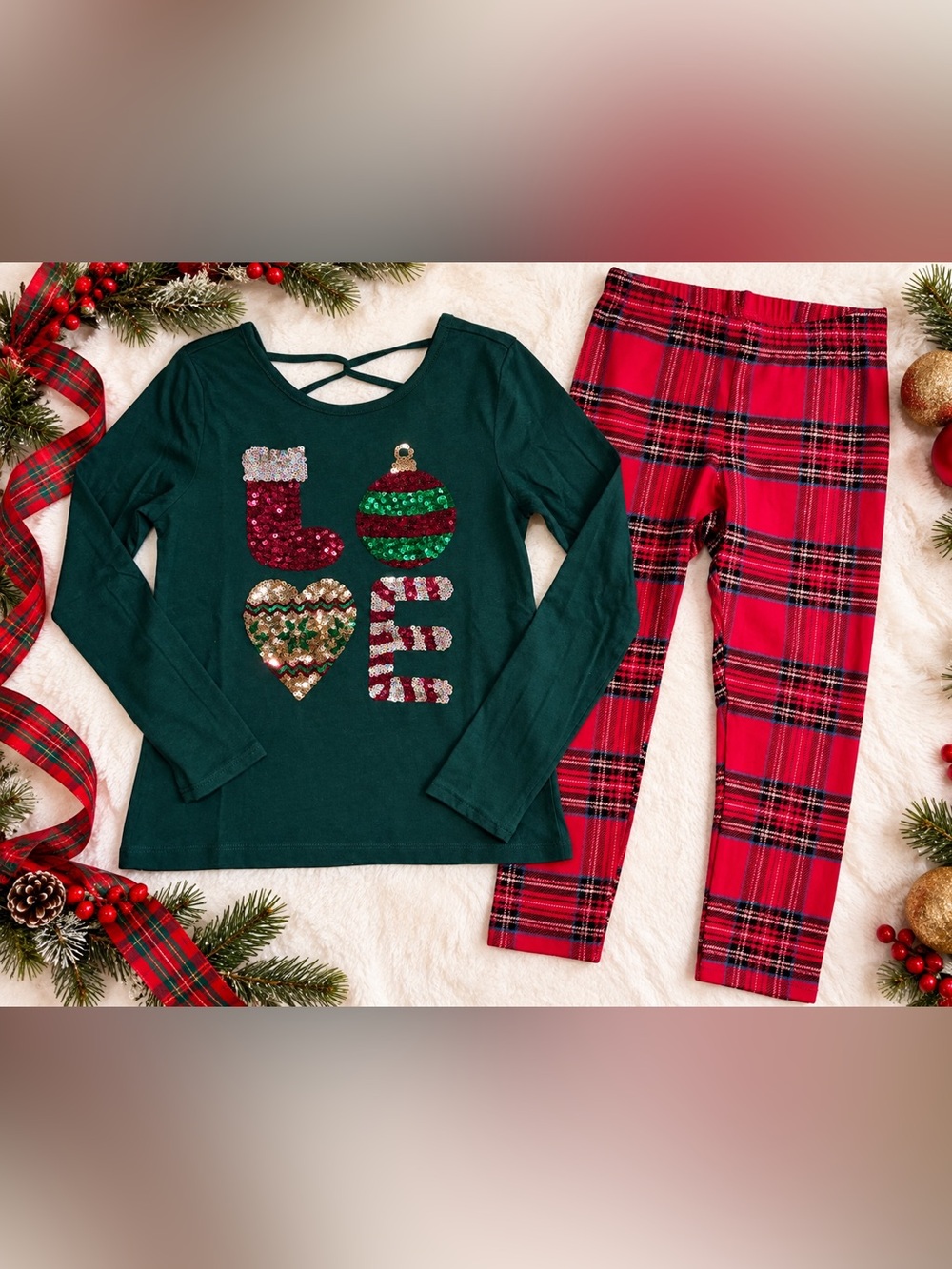 The Children’s Place Girls Christmas Sequin Outfit Set 7/8 Plaid HOL